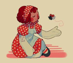  1girl blush_stickers bug closed_eyes closed_mouth commission doll dress feliville full_body highres ladybug polka_dot polka_dot_dress raggedy_ann raggedy_ann_(series) red_hair seams short_hair sitting smile socks solo striped_clothes striped_socks 