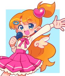 1girl :d absurdres angel_wings arm_up artist_self-insert blue_background blue_eyes blush border breasts cleavage_cutout clothing_cutout collared_shirt commentary cowboy_shot cut_bangs earrings english_commentary hair_ornament happy heart heart_cutout heart_earrings heart_hair_ornament highres holding holding_microphone indie_virtual_youtuber jewelry legs_apart long_hair long_sleeves looking_at_viewer marikyuunn marikyuunn_(modern)_(vtuber) marikyuunn_(vtuber) medium_breasts microphone miniskirt music neck_ribbon one_side_up open_hand open_mouth orange_hair outside_border petticoat pink_ribbon pink_skirt pleated_skirt puffy_long_sleeves puffy_sleeves ribbon shirt shirt_tucked_in singing skirt smile solo spread_fingers standing tareme thick_eyebrows transparent_wings very_long_hair virtual_youtuber white_border white_shirt wings