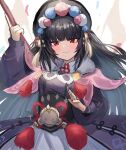  1girl absurdres bangs black_hair blush character_name closed_mouth confetti copyright_request dress hair_ornament highres holding holding_staff long_hair long_sleeves looking_at_viewer purple_dress raw_egg_lent red_eyes smile solo staff 