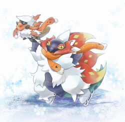  +_+ animal_focus blue_eyes bug colored_sclera commentary_request cross-shaped_pupils highres holding holding_pokemon horns ice_skates ice_skating larvesta mofu_(pk3566) moth no_humans orange_scarf pokemon pokemon_(creature) pokemon_focus scarf skates skating slither_wing snowflakes symbol-shaped_pupils tail white_fur wings yellow_eyes yellow_sclera 