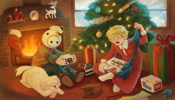  2boys alternate_costume blonde_hair blue_pants box brand_name_imitation brown_bag brown_slippers candle christmas christmas_lights christmas_ornaments christmas_present christmas_tree commentary crack dog english_commentary fingernails fire fireplace gab_(kyokugen_dasshutsu) gift gift_art gift_box handheld_game_console helmet highres holding holding_box in-franchise_crossover indoors kyokugen_dasshutsu kyokugen_dasshutsu_adv:_zennin_shibou_desu lego long_sleeves lower_teeth_only male_focus multiple_boys nintendo_3ds open_mouth pajamas pants q_(kyokugen_dasshutsu) quark_(kyokugen_dasshutsu) red_pajamas rug rust second-party_source short_hair sitting slippers snowglobe socks soopyloop striped_clothes striped_sweater sweater teeth toy_airplane two-tone_sweater unwrapping white_socks window zero_escape:_toki_no_dilemma 