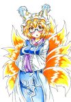  1girl absurdres bespectacled blonde_hair blush breasts brown_eyes chestnut_mouth dress fox_tail glasses goku_(acoloredpencil) hands_in_sleeves hat highres long_sleeves looking_at_viewer multiple_tails semi-rimless_glasses short_hair solo tabard tail touhou traditional_media wide_sleeves yakumo_ran 