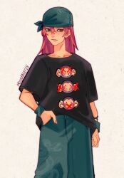  1girl alternate_costume artist_name bandana black_shirt breasts brown_eyes commentary english_commentary green_bandana green_pants hand_in_pocket highres long_hair moona_may naruto_(classic) naruto_(series) pants red_hair shirt short_sleeves small_breasts snake_print solo tayuya_(naruto) three_monkeys wristband 