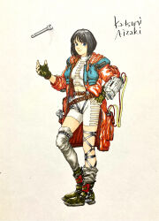 1990s_(style) 1girl aizaki_katsumi artist_name black_hair blue_eyes breasts closed_mouth colorized commentary_request fingerless_gloves full_body giten_megami_tensei:_tokyo_mokushiroku gloves highres kirishima_emi looking_at_viewer marker_(medium) megami_tensei official_art retro_artstyle shin_megami_tensei short_hair simple_background smile solo traditional_media white_background wrench 