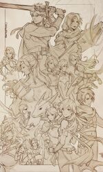  6+boys 6+girls absurdres animal_ears armor catthy_trinh commentary crossed_arms dragon elincia_ridell_crimea english_commentary eyepatch facial_mark fire_emblem fire_emblem:_radiant_dawn forehead_mark geoffrey_(fire_emblem) haar_(fire_emblem) hair_over_one_eye hand_on_own_chest headband highres holding holding_polearm holding_sword holding_weapon ike_(fire_emblem) jill_(fire_emblem) leanne_(fire_emblem) long_hair lucia_(fire_emblem) micaiah_(fire_emblem) multiple_boys multiple_girls naesala_(fire_emblem) nailah_(fire_emblem) navel nephenee_(fire_emblem) pointy_ears polearm ragnell short_hair soren_(fire_emblem) sothe_(fire_emblem) sword tibarn_(fire_emblem) titania_(fire_emblem) twitter_username weapon wings yawning 