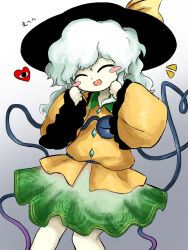  1girl black_hat blush_stickers buttons commentary_request contrast_collar diamond_button green_hair green_skirt hair_between_eyes hat hat_ribbon heripantomorrow komeiji_koishi long_hair open_mouth ribbon shirt skirt smile solo teeth third_eye touhou upper_teeth_only yellow_ribbon yellow_shirt zun_(style) 