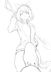  1girl absurdres animal_ears arm_up breasts breath carrying_over_shoulder commission ear_covers from_below hairband hand_in_pocket hasukurira highres holding holding_shovel horse_ears horse_girl horse_tail jacket long_sleeves looking_at_viewer looking_down monochrome open_mouth pants pixiv_commission pov_stomped short_hair shovel small_breasts solo standing standing_on_one_leg stepping_on_frame tail tracen_training_uniform track_jacket track_suit umamusume yukino_bijin_(umamusume) 