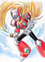  1boy armor blonde_hair chest_jewel energy_sword forehead_jewel hashtag-only_commentary helmet hijiriiyaa holding holding_sword holding_weapon krita_(medium) long_hair male_focus mega_man_(series) mega_man_x_(series) red_armor red_helmet solo sword traditional_media weapon white_background z_saber zero_(mega_man) 