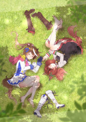  2girls absurdres animal_ears ascot asymmetrical_gloves black_dress blue_gloves boots brown_boots brown_hair brown_tail cape closed_eyes closed_mouth commentary_request dappled_sunlight dress gloves highres horse_ears horse_girl horse_tail knee_boots long_hair long_sleeves mismatched_gloves multicolored_hair multiple_girls naba_(whitejewelry) nice_nature_(poinsettia_ribbon)_(umamusume) nice_nature_(umamusume) on_grass pink_ascot ponytail red_cape shirt skirt sleeping streaked_hair sunlight tail thighs tokai_teio_(peak_joy)_(umamusume) tokai_teio_(umamusume) twintails umamusume unworn_boots white_boots white_gloves white_shirt white_skirt white_streaks 