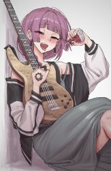  1girl absurdres against_wall akkgsyk alcohol_carton bare_shoulders bass_guitar black_bow black_jacket blunt_bangs bocchi_the_rock! bow braid braided_ponytail dress drink_carton earrings green_dress hair_bow hanafuda_earrings hand_tattoo highres hiroi_kikuri holding holding_bass_guitar holding_instrument instrument jacket jewelry long_hair looking_at_viewer multicolored_jacket narrowed_eyes piercing saliva saliva_trail sharp_teeth simple_background sitting solo strap_slip sundress tattoo teeth tongue tongue_out tongue_piercing two-tone_jacket upper_teeth_only violet_eyes white_jacket 