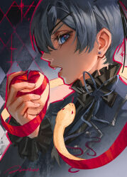  1boy absurdres apple bishounen blue_eyes blue_hair bow ciel_phantomhive commentary earrings english_commentary food fruit highres jewelry kuroshitsuji looking_at_viewer male_focus ouji_fashion questtneo shirt short_hair snake solo victorian 