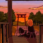  from_behind hat hat_removed headwear_removed kannari kirisame_marisa muted_color porch short_hair sitting sunset torii touhou veranda witch_hat 