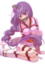  1girl absurdres arms_behind_back bdsm blunt_bangs blush bondage bound bound_arms bound_legs braid breast_bondage breasts cailin020 commentary english_commentary fan_hair_ornament gag gag_harness gagged genshin_impact highres japanese_clothes kimono leaning_to_the_side long_hair looking_to_the_side low-tied_long_hair makoto_(genshin_impact) pink_kimono purple_hair red_rope red_sash restrained rope sash shade shadow shibari shibari_over_clothes single_braid solo_focus thighs violet_eyes white_background wide_sleeves yae_miko yae_miko_(fox) 
