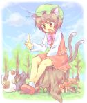  cat cat_ears cat_tail chen china_dress chinadress chinese_clothes earrings hat jewelry multiple_tails oimo ribbon sitting tail touhou tree_stump 
