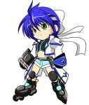  blue_hair chibi green_eyes hagane_soushi inline_skates kagura_soushi mach_caliber mahou_shoujo_lyrical_nanoha mahou_shoujo_lyrical_nanoha_strikers midriff revolver_knuckle roller_skates short_hair shorts skates subaru_nakajima 