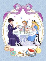  3girls absurdres alice_(disney) alice_in_wonderland_(disney) apron bird blonde_hair blue_dress blue_eyes bow brown_hair disney dress hair_bow highres long_hair looking_at_viewer mary_poppins mary_poppins_(character) moko_eaka multiple_girls open_mouth penguin pointy_ears short_hair short_sleeves smile walt_disney's_peter_pan wendy_darling 
