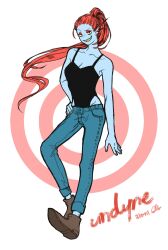  1girl 2015 2d anthro aqua_pants arm_at_side bad_id bad_tumblr_id black_tank_top blue_skin boots breasts brown_boots character_name cleavage colored_sclera colored_skin colored_teeth digital_media ear_fins female female_only fins fish fish_girl full_body hand_on_own_hip head_fins high_ponytail lan999i long_hair looking_at_viewer monster monster_girl no_eyepatch pants ponytail red_background red_hair sharp_teeth signature simple_background slit_pupils smirk solo tank_top teeth text third-party_source two-tone_background undertale undyne utdr_(toby_fox) white_background yellow_sclera yellow_teeth 