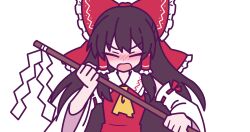  1girl ami_b1196260828 ascot black_hair blush bow chinese_commentary closed_eyes commentary_request detached_sleeves facing_viewer frilled_bow frilled_hair_tubes frills gohei hair_bow hair_tubes hakurei_reimu hand_up highres holding holding_gohei huge_bow long_hair long_sleeves nontraditional_miko nose_blush open_mouth red_bow red_shirt ribbon-trimmed_sleeves ribbon_trim shirt sidelocks simple_background sleeveless sleeveless_shirt solo touhou transparent_background upper_body v-shaped_eyebrows wide_sleeves yellow_ascot 