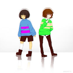  2017 2d 2others ambiguous_gender ankle_boots annaburritto artist_name blue_sweater boots brown_boots brown_hair brown_pants brown_shoes brown_shorts chara_(undertale) child chromatic_aberration collared_shirt commentary constricted_pupils deviantart_sample digital_media double_horizontal_stripe duo english_commentary frisk_(undertale) full_body green_sweater grin holding holding_knife holding_weapon horizontal-striped_clothes horizontal-striped_sweater human human_only image_sample knife long_sleeves multiple_others other_focus painttool_sai_(medium) pants photoshop_(medium) pink_stripes pinky_out red_eyes reflection shirt shoes short_hair shorts side-by-side simple_background sleeves_past_wrists smile socks standing striped_clothes striped_sweater sweater sweater_over_shirt two-tone_sweater undertale utdr_(toby_fox) weapon white_background white_shirt white_socks yellow_stripes 