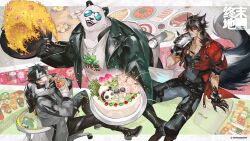  3boys animal_ears arknights arknights:_endfield arm_support black_hair black_pants black_shirt border cake chinese_commentary coat commentary_request copyright_notice da_pan_(arknights) drink endministrator_(arknights) food food_request fried_rice full_body furry furry_male grey_coat highres holding holding_drink holding_food holding_plate instant_cup_noodles instant_noodles kaifei_(kaifei_29) male_endministrator_(arknights) male_focus mask material_growth multiple_boys oripathy_lesion_(arknights) panda_boy pants perlica_(arknights) plate red_coat refrigerator shirt short_hair sitting tail watermark white_border wok wolf_boy wolf_ears wolf_tail wulfgard_(arknights) 