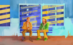  2boys bench brown_hair commentary corellevairel disco_elysium english_commentary facial_hair full_body green_jacket hair_slicked_back harry_du_bois highres holding holding_notebook holding_pencil jacket kim_kitsuragi male_focus mullet multiple_boys mutton_chops notebook pencil shirt short_hair sitting translation_request white_shirt writing yellow_jacket 