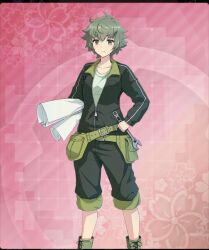  1girl belt belt_pouch black_jacket black_pants boots closed_mouth collarbone dot_nose floral_background game_cg green_belt green_boots green_eyes green_shirt holding holding_paper holding_wrench jacket lace-up_boots long_sleeves messy_hair official_art pants paper partially_open_jacket partially_unzipped pink_background pouch shirt short_hair solo tatsunami_momo third-party_source toji_no_miko toji_no_miko:_kizamishi_issen_no_tomoshibi wrench 