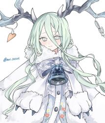  1girl antlers aqua_eyes aqua_hair bell bow coat fate/grand_order fate_(series) floral_print fur_coat highres horns long_hair louhi_(fate) louhi_(over_the_same_sky)_(fate) meri_241205 neck_bell smile twitter_username white_background white_bow 