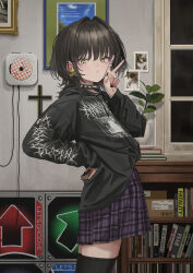  1girl absurdres black_choker black_hair black_hoodie black_nails black_thighhighs book bookshelf cd cd_player choker cowboy_shot cross cross_tattoo dance_pad earrings eyeshadow from_side gishiki_(gshk) hair_between_eyes hair_intakes hand_on_own_hip highres hood hoodie indoors jewelry looking_at_viewer makeup multiple_rings original package photo_(object) picture_frame plaid_clothes plaid_skirt plant pleated_skirt potted_plant print_hoodie purple_eyeshadow purple_skirt ring skirt skull_earrings speaker spiked_choker spikes standing tanaka_kyouko tattoo thigh-highs v wolf_cut yellow_eyes zettai_ryouiki 