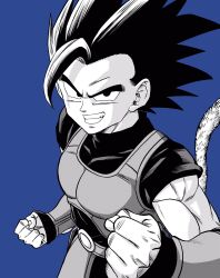  1boy blue_background clenched_hands commentary dragon_ball dragon_ball_legends greyscale_with_colored_background grin highres lee_(dragon_garou) male_focus monkey_tail muscular muscular_male official_style shallot_(dragon_ball) smile solo spiky_hair tail toriyama_akira_(style) upper_body 