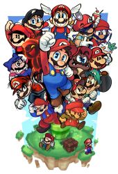  6+boys aqua_eyes aqua_shirt arm_up artist_name black_hair black_hat black_overalls block_(mario) blue_overalls blue_shirt blue_shorts blue_sky brick brown_hair brown_shoes cherry closed_eyes clouds commentary cosmic_clone cross-eyed cup day denim denim_overalls donkey_kong_(1981_game) donkey_kong_(series) dynamo_toon english_commentary facial_hair fangs flying_mario food fruit goomba grass green_hat green_shirt grin hammer hand_on_headwear hat highres holding holding_cup holding_hammer long_sleeves lower_teeth_only luigi mario mario_&amp;_luigi_rpg mario_bros. mario_strikers_(series) mario_vs._donkey_kong mini-mario mismatched_facial_hair multiple_boys multiple_persona mustache open_mouth outdoors overalls paper_mario paper_mario_(character) pink_shirt print_shirt red_hat red_overalls red_shirt shirt shoes short_hair short_sleeves shorts signature sky smile super_mario_64 super_mario_bros. super_mario_bros._1 super_mario_bros._2 super_mario_bros._3 super_mario_galaxy super_mario_galaxy_2 super_mario_odyssey super_mario_rpg super_mario_strikers super_mario_sunshine teeth turnip_(mario) v-shaped_eyebrows warp_pipe wing_cap wing_mario winged_hat 