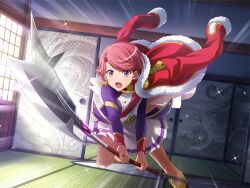  1girl fur-trimmed_jacket fur_trim game_cg halberd holding holding_polearm holding_weapon incoming_attack indoors isurugi_futaba jacket jacket_on_shoulders long_sleeves looking_at_viewer motion_lines official_art open_mouth pleated_skirt polearm purple_jacket red_hair red_jacket red_sash sash short_hair shouji shoujo_kageki_revue_starlight shoujo_kageki_revue_starlight_-re_live- skirt sliding_doors solo tatami v-shaped_eyebrows violet_eyes weapon white_skirt 