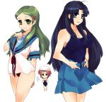  blue_eyes blue_hair breast_envy green_eyes green_hair kimidori_emiri long_hair nagato_yuki one-piece_swimsuit short_hair shower_cap suzumiya_haruhi_no_yuuutsu swim_cap swimsuit tashimo undressing 