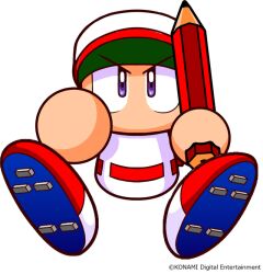  1boy artist_request baseball_cap baseball_uniform copyright_notice hat holding holding_pencil jikkyou_powerful_pro_yakyuu jikkyou_powerful_pro_yakyuu_(style) multicolored_shirt no_mouth official_art pencil power_pro_kun rayman_limbs red_shirt shirt shoe_soles sitting solo sportswear two-tone_shirt violet_eyes white_hat white_shirt 