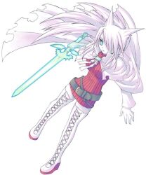  1girl aqua_eyes aty_(summon_night) bad_id belt belt_buckle black_belt boots breasts buckle cape capelet closed_mouth colored_skin crossed_belts dress expressionless full_body gold_buckle hair_ears hair_over_one_eye holding holding_sword holding_weapon lace-up_boots large_breasts long_hair long_sidelocks long_sleeves loose_belt miyabi_juri one_eye_covered red_dress ribbed_dress ribbon short_dress sidelocks simple_background skinny solo standing standing_on_one_leg straight_hair summon_night summon_night_3 sword thigh_boots torn_cape torn_capelet torn_clothes very_long_hair weapon white_background white_boots white_cape white_capelet white_ribbon white_skin white_sleeves winged_sword winged_weapon 