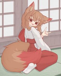  1girl :3 animal_ear_fluff animal_ears arm_up brown_hair commentary_request crossed_bangs fang fox_ears fox_girl fox_shadow_puppet fox_tail from_behind hakama highres japanese_clothes light_blush long_hair long_sleeves looking_at_viewer miko nikaon open_mouth original red_eyes red_hakama shouji shrine signature sitting sliding_doors smile socks solo tail turning_head twitter_username wariza white_kosode white_socks wide_sleeves 