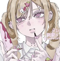  1girl aegyo_sal bead_necklace beads blonde_hair blood blood_on_knife caru_c1 commentary ear_piercing eyebrow_piercing face_piercing fingernails food-themed_hair_ornament gyaru hair_between_eyes hair_ornament hairclip head_tilt highres hime_gyaru holding holding_knife holding_weapon index_finger_raised jewelry knife long_hair looking_to_the_side neck_piercing necklace original parted_lips piercing pink_eyes portrait rabbit_hair_ornament sharp_fingernails simple_background solo strawberry_hair_ornament symbol-only_commentary twintails weapon white_background 