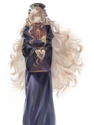  1girl absurdres ashi_(dongshi389) belt black_belt black_dress black_hat blonde_hair chinese_clothes chinese_commentary closed_mouth commentary_request crescent crescent_print dalachi_(headdress) dress hair_between_eyes hat highres juliet_sleeves junko_(touhou) long_hair long_sleeves looking_afar mandarin_collar neck_ribbon own_hands_together phoenix_print pom_pom_(clothes) puffy_sleeves red_eyes red_tabard ribbon sidelocks simple_background solo standing tabard tassel touhou very_long_hair wavy_hair white_background wide_sleeves yellow_ribbon 