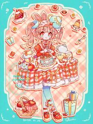  1girl apple basket blue_border blunt_bangs border box cake checkerboard_cookie cherry closed_mouth commentary_request cookie cup dated dress food fruit full_body gift gift_box juliet_sleeves long_sleeves looking_at_viewer medium_hair mochimura_sorata original outline outside_border own_hands_together pie pie_slice pink_background pink_hair plaid_background pudding puffy_sleeves red_dress red_eyes signature smile solo spoon standing teapot twintails white_outline 