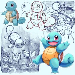  blue_skin butterflyfish colored_skin commentary_request coral finneon fish highres no_humans nostrils open_mouth pink_eyes pokemon pokemon_(creature) pokemon_rgby puos_(user_dcvp2324) sketch smile spitting squirtle standing standing_on_one_leg swimming tail turtle turtle_shell underwater 