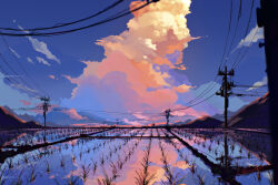  artist_name blue_sky clouds cumulonimbus_cloud highres mugi_kinako no_humans original outdoors power_lines reflection reflective_liquid rice_paddy scenery signature sky utility_pole 