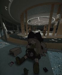  1girl :3 absurdres animal_ear_headwear bag beanie black_hat black_skirt blush boots brown_hair ceiling_light closed_eyes closed_mouth escape_from_tarkov facing_viewer glass_wall happy hat hayasabro highres holding holding_bag indoors jaggy_lines keycard kipfel_(vrchat) long_hair long_sleeves on_floor outstretched_legs pillar see-through_bag shadow sitting skirt smile solo statuette tail vrchat 