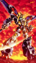  artist_name babamba clenched_hand commentary_request dated embers fire full_body green_eyes highres holding holding_sword holding_weapon king_exkaiser mecha mecha_focus no_humans robot science_fiction slashing smoke solo standing super_robot sword v-fin weapon yuusha_exkaiser yuusha_series 