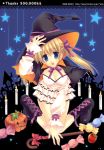  blonde_hair blue_eyes candle candy cane food fruit halloween hat hits jack-o'-lantern jack-o-lantern pumpkin ribbon ribbons tatekawa_mako witch witch_hat wnb_mark 