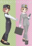  alternate_costume blazer briefcase brown_hair buttons crossed_legs gloves green_eyes hat high_heels highres ishida_aiko lipstick loafers looking_at_viewer looking_back mibu_natsuki name_tag notebook official_art outstretched_arms pants peaked_cap profile ribbon scan shoes short_hair sitting smile solo standing stretch tetsudou_musume train_attendant uniform vest white_gloves 