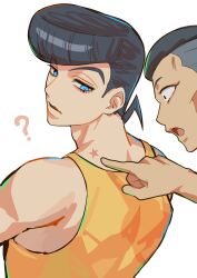  2boys ? birthmark black_hair blue_eyes commentary diamond_wa_kudakenai from_behind grey_hair hashtag-only_commentary higashikata_josuke highres joestar_birthmark jojo_no_kimyou_na_bouken kalugalu_1006 looking_back looking_down male_focus multiple_boys nijimura_okuyasu open_mouth pointing pointing_at_another pompadour shirt short_hair sleeveless sleeveless_shirt star_(symbol) tank_top undercut upper_body 