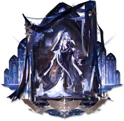  1girl amaia_(arknights) arknights back backless_dress backless_outfit bare_back black_dress black_pantyhose candle candlelight candlestand chair chuzenji dress elysium_(arknights) flower from_behind full_body gloves high_heels highres holding indigo_(arknights) indoors irene_(arknights) lantern long_dress long_hair long_sleeves looking_at_viewer looking_back lumen_(arknights) nun official_alternate_costume pantyhose purple_flower purple_hair solo standing sword thigh-highs thorns_(arknights) veil violet_eyes weapon weedy_(arknights) whisperain_(arknights) whisperain_(priory_of_abyss)_(arknights) white_gloves 