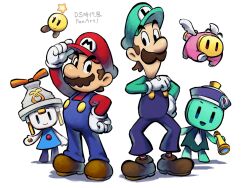  2girls 4boys arc_(mario) black_eyes blue_overalls boots brown_boots brown_facial_hair brown_hair closed_mouth commentary_request compass connie_(mario) english_text facial_hair floating flying gloves green_hat green_shirt hand_on_own_hat hat highres holding holding_telescope long_sleeves looking_at_viewer looking_to_the_side luigi mario mario_&amp;_luigi:_brothership mario_&amp;_luigi_rpg monocular multicolored_socks multiple_boys multiple_girls mustache newsboy_cap open_mouth overalls red_hat red_shirt red_socks shadow shirt short_hair smile snoutlet_(mario) socks standing star_(symbol) starlow striped_clothes striped_socks super_mario_bros. telescope translation_request two-tone_socks white_background white_gloves white_socks wings yamari_(ya_mari_6363) 