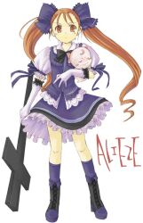  2girls aliese_martini alternate_costume ankle_boots bad_id black_boots black_bow black_bowtie blush blush_stickers boots bow bowtie buttons character_name closed_eyes commentary_request cross dot_nose dress_shirt elbow_gloves expressionless frilled_gloves frills ghost_tail gloves gothic_lolita hair_bow hair_pulled_back half_updo holding holding_cross kneehighs lace-trimmed_shirt lace-trimmed_vest lace-up_boots lace_trim latin_cross legs_apart lolita_fashion long_hair looking_at_viewer miyabi_juri multiple_girls orange_eyes orange_hair petticoat puffy_short_sleeves puffy_sleeves purple_bow purple_ribbon purple_skirt purple_socks purple_vest quiupy ribbon ringlets shirt short_sleeves skirt sleeve_ribbon socks standing summon_night summon_night_3 twintails unbuttoned unbuttoned_shirt very_long_hair vest white_gloves white_shirt 