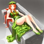  bad_id braid caby_(pixiv) couch hat highres hong_meiling long_hair red_eyes red_hair redhead sofa solo touhou twin_braids 