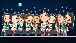  6+girls ^_^ animal_print artist_name bench black_eyes black_hair blue_boots blue_shirt blue_skirt blush boots brown_hair chaeyoung_(twice) chibi claiklei closed_eyes crop_top dahyun_(twice) dated english_commentary everyone highres holding holding_microphone jeongyeon_(twice) jihyo_(twice) k-pop leopard_print logo long_hair microphone mina_(twice) mole mole_under_mouth momo_(twice) multiple_girls nayeon_(twice) parted_lips pink_boots pink_shirt pink_skirt real_life sana_(twice) shirt sitting skirt sleeveless sleeveless_shirt smile stage twice_(group) tzuyu_(twice) watermark 